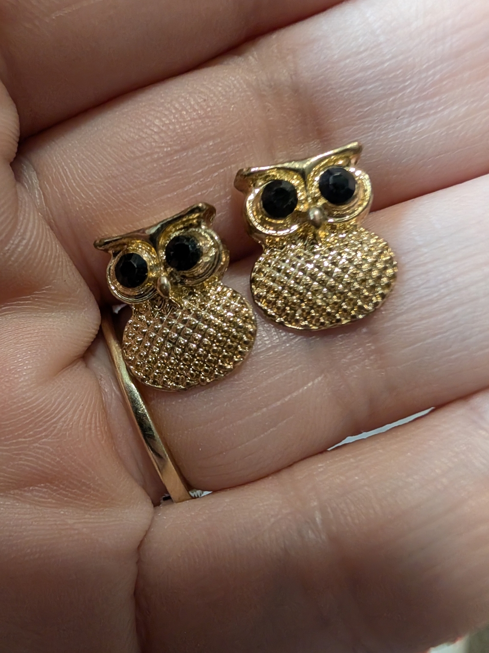 Gold Owl Stud Earrings with Black Eyes - Women Jewelry